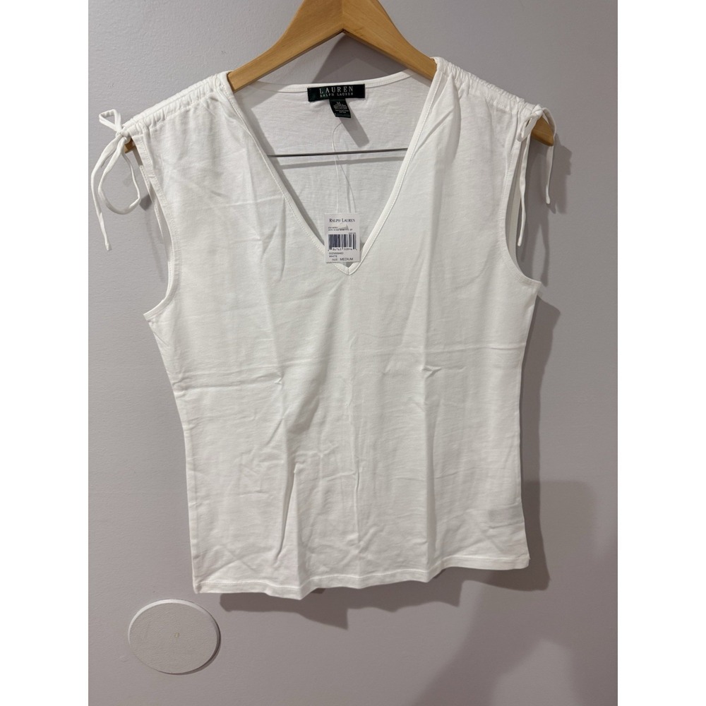 NWT Lauren Ralph Lauren White Short Sleeve Sz M T-Shirt Top Shoulder Cinching  U